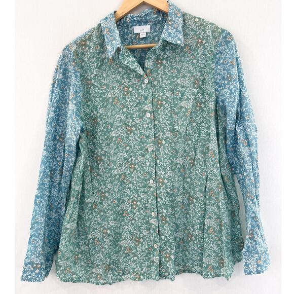 J. Jill Ditsy Floral Button Down Blouse Large Long Sleeve Blue Green Cotton - Picture 1 of 6